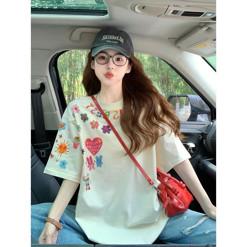 yout-trend🔥 พร้อมส่ง เสื้อยืด oversize unisex สไตล์เกาหลี ผ้าฝ้ายแท้ใส่สบาย ไม่แตกเมื่อซัก "Heart Flower"