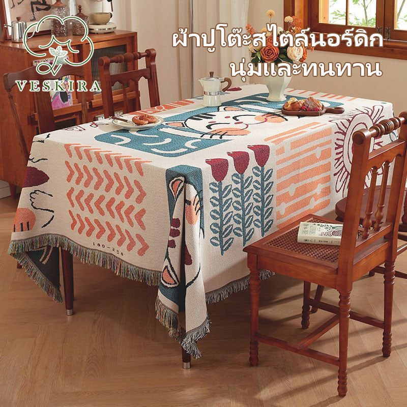 พิมพ์สี่เหลี่ยม ผ้าปูโต๊ะ สไตล์วินเทจ สําหรับตกแต่งโต๊ะทานอาหาร ทนต่อการขีดช่วน กันลืน กันฝุ่น