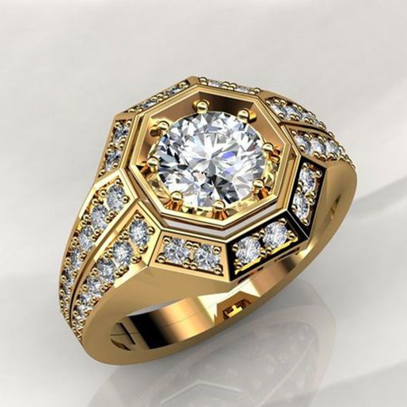 สไตล์ Golden แปดเหลี่ยมฝังรอบ Zirconium แหวนผู้ชายผู้หญิง Index Finger แหวนเครื่องประดับหมั้นเครื่อง