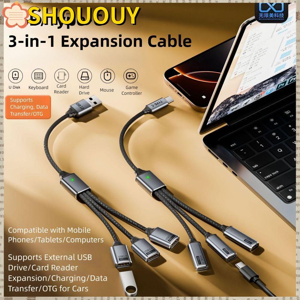 SHOUUY ฮับ USB-C พร้อมตัวแปลงการถ่ายโอนข้อมูล 3-in-1 USB Splitter, ปลอดภัย 480Mbps ชายหญิงไนลอนถัก Y สาย Gamepad