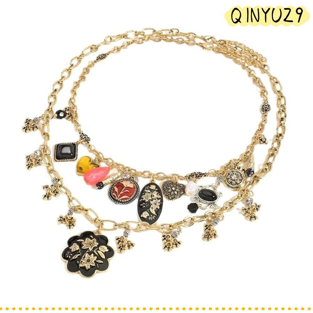 QINYUZ9QX สร้อยคอเสื้อกันหนาว, Cool Boho เคลือบ Badge ดอกไม้สร้อยคอ, Retro Hip Hop คู่จี้ลูกปัดสร้อย