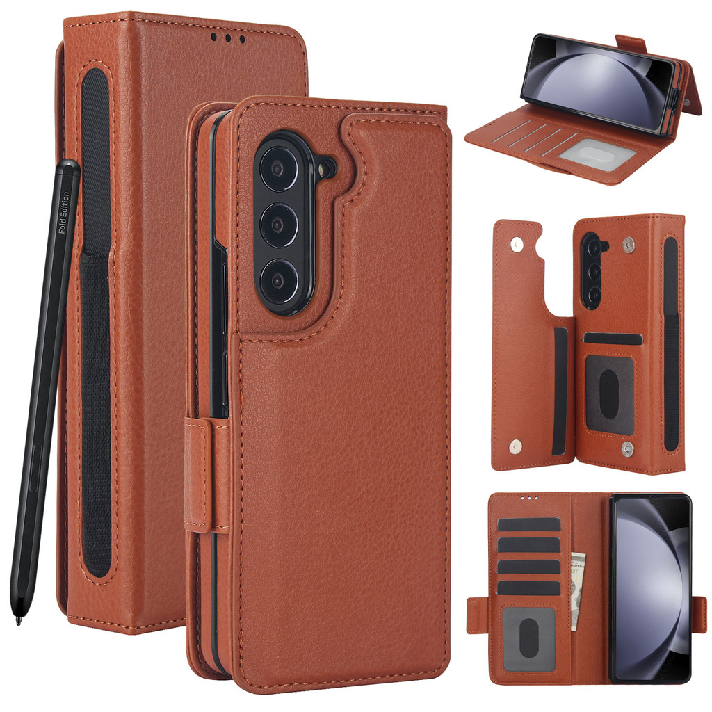 เหมาะสําหรับ Samsung Z FOld7 เคสโทรศัพท์แบบพับได้ ZFOld6/5/4/3 ช่องเสียบปากกาโทรศัพท์ซองหนังพับธุรกิจซองหนังป้องกัน