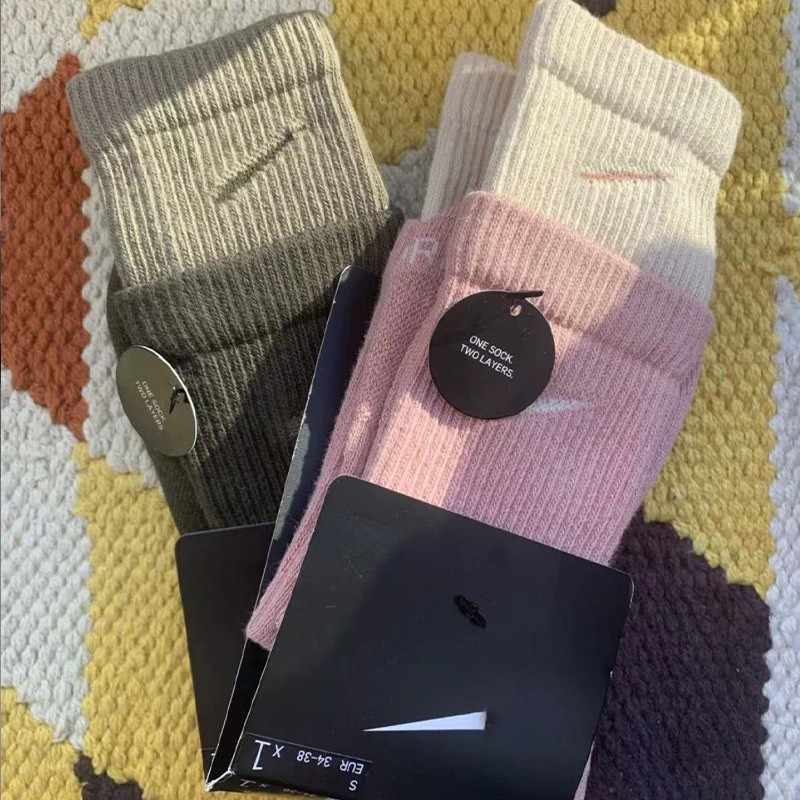 in Stock# Terry Socks Men's and Women's Ins Fashionable Long Stitching Nk Socks Fake 2-Layer Sports 
