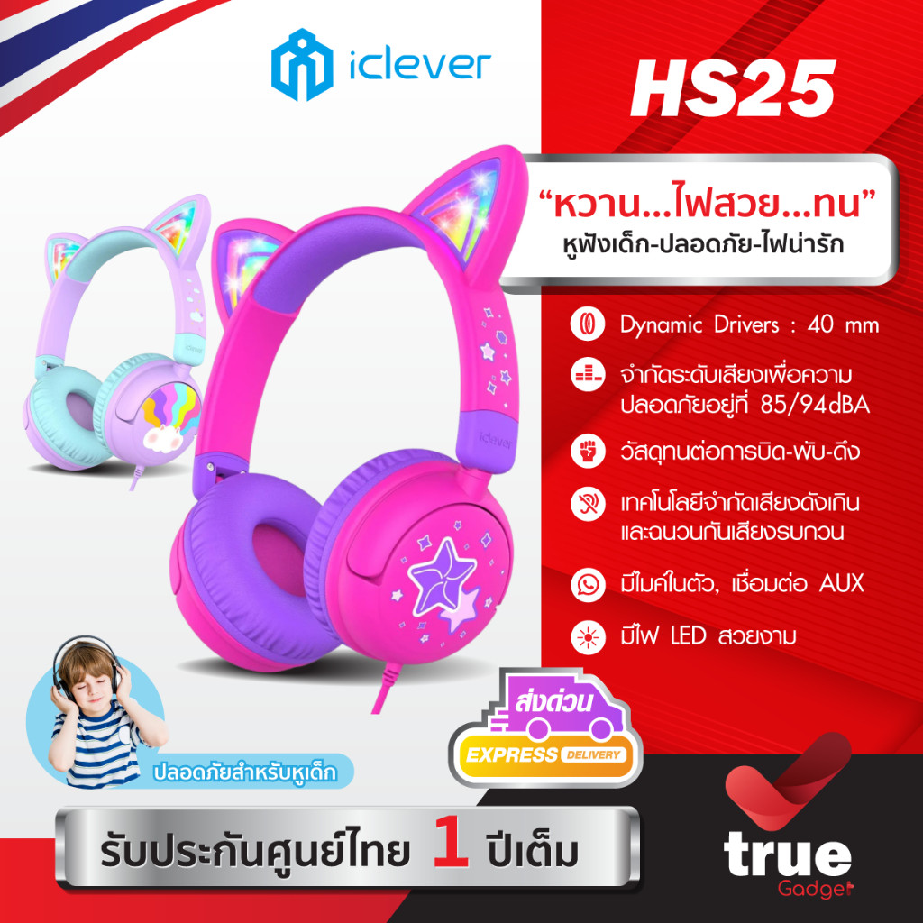 🇹🇭ประกันศูนย์ไทย [มีระบบจำกัดเสียงสำหรับเด็ก] หูฟังเด็ก iClever HS25 Kids Headphones หูฟังครอบหูเด็ก