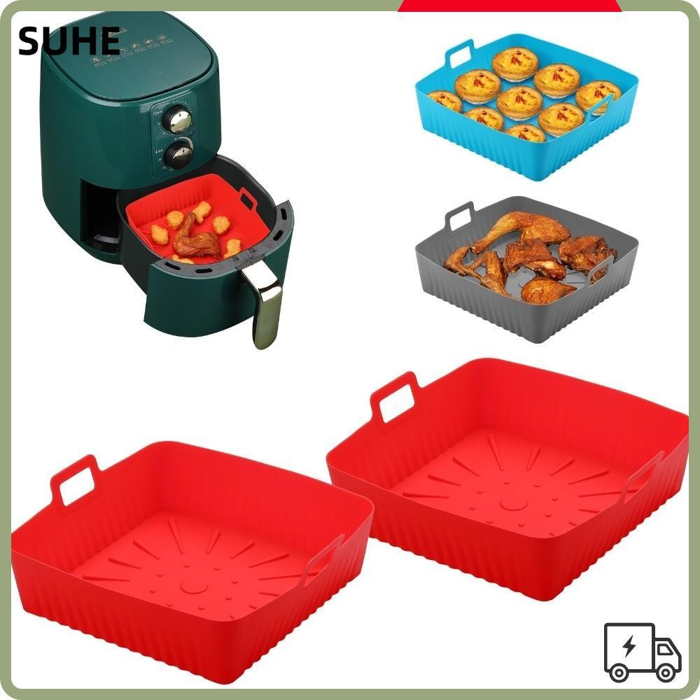 SUHE ถาดอบ,มีด้ามจับนํากลับมาใช้ใหม่ Air Fryer Liners,ซิลิโคนทนความร้อนแบบพกพา 9" ขนาดใหญ่ Air Fryer