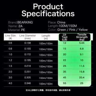 สายตกปลารุ่น BEARKING 2A PE X8 ความยาว 100-150 ม., ทนแรงดึงและไม่ดูดน้ำ, ทนทานมากขึ้น