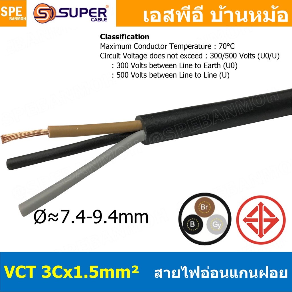 [ 2 เมตร ] VCT-3x1.5 สาย VCT 3C X 1.5 sq.mm สายอ่อน 3 คอร์ Size 1.5 sq.mm VCT AC Power Cable สายไฟ A