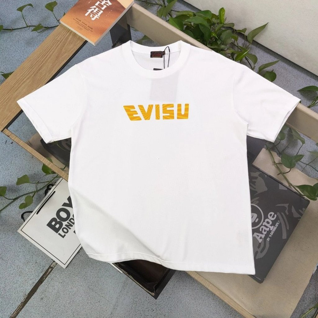 EVISU/God of Fortune 2026 ขนาดใหญ่ 6XL Star รอบคอแขนสั้นเสื้อยืดคู่สไตล์ผู้ชายพิมพ์เสื้อยืดฤดูร้อนสไ