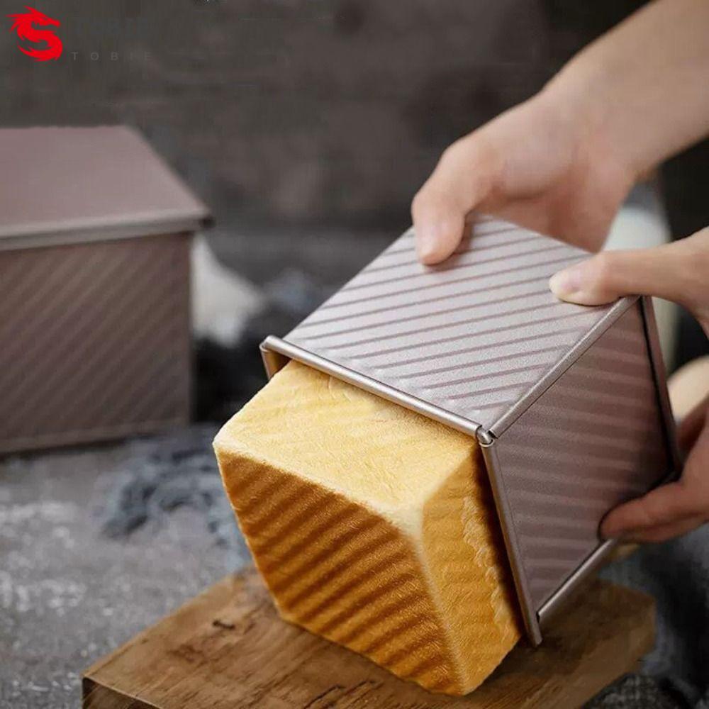 TOBIE Cube Toast Box,พร้อมฝาครอบทองสแควร์ลูกฟูก Loaf Pan, DIY Mini Non-Stick เหล็กคาร์บอนขนมปังแม่พิ