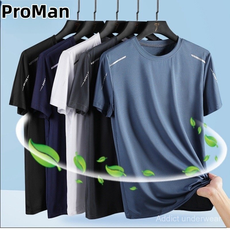 ⚡ProMan⚡เสื้อคอกลมแขนสั้นผ้าไหมน้ำแข็งแห้งเร็วเสื้อยืดระบายอากาศได้ดีสวมใส่สบาย