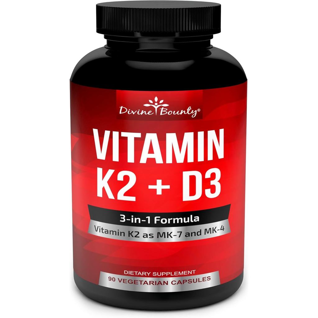 Divine Bounty Vitamin K2 (MK7 & MK4) with D3 Supplement - Vitamin K & D as MK-7 100mcg, MK-4 500mcg,
