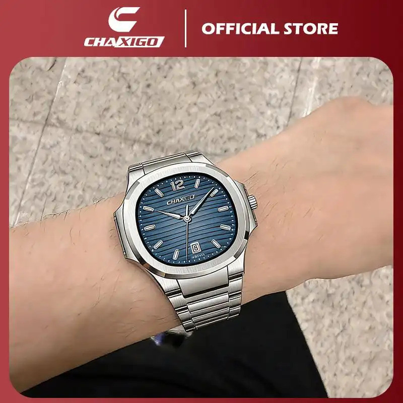 CHAXIGO ธุรกิจนาฬิกาผู้ชายพรีเมี่ยมกันน้ํา 30M Luminous Quartz วันที่แฟชั่นสแตนเลสนาฬิกาผู้ชายของขวัญกล่อง CA081songkran