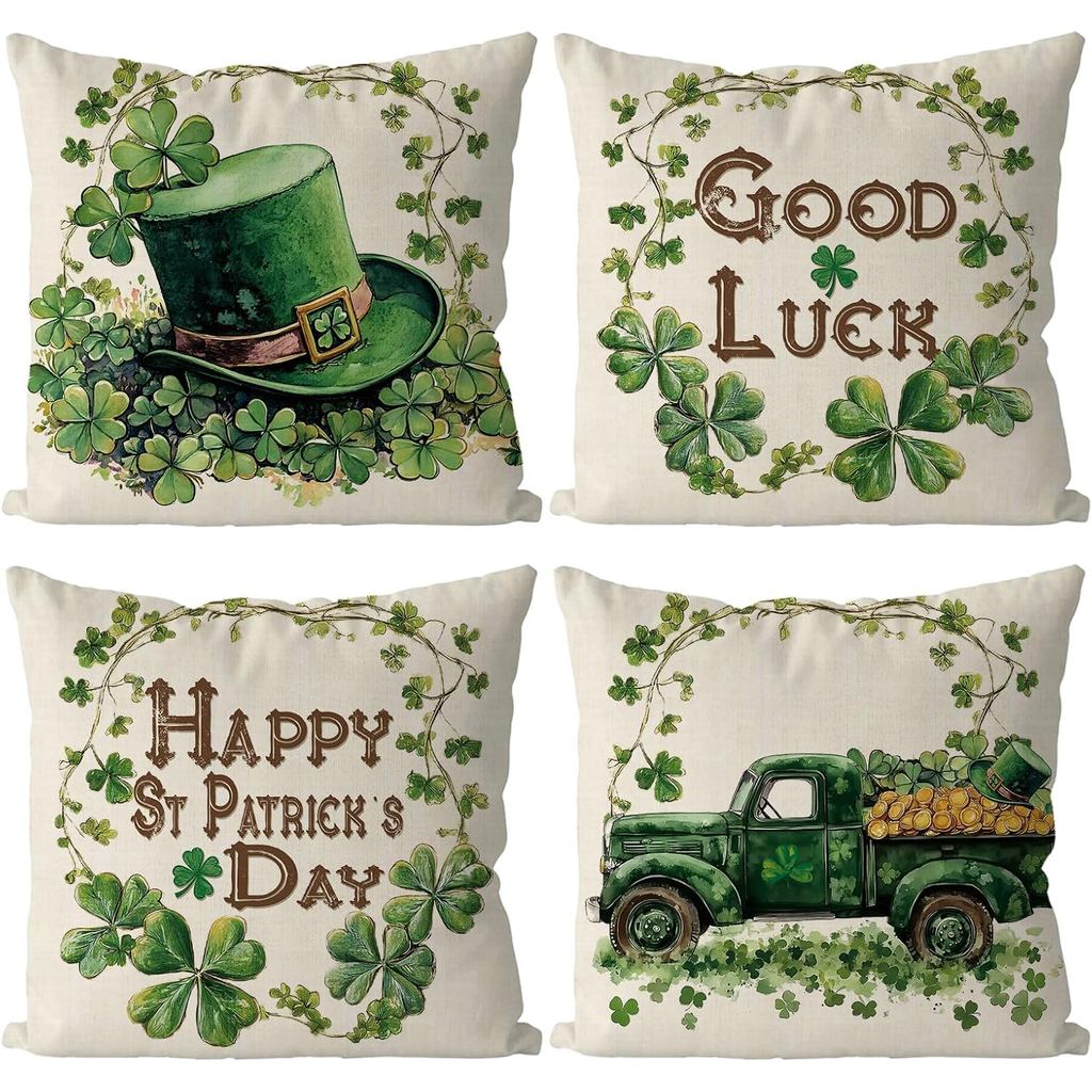 St Patricks Day Pillow Covers 18x18 นิ้ว Set 4 Truck Shamrock Clover Throw ปลอกหมอน Happy St. Patric