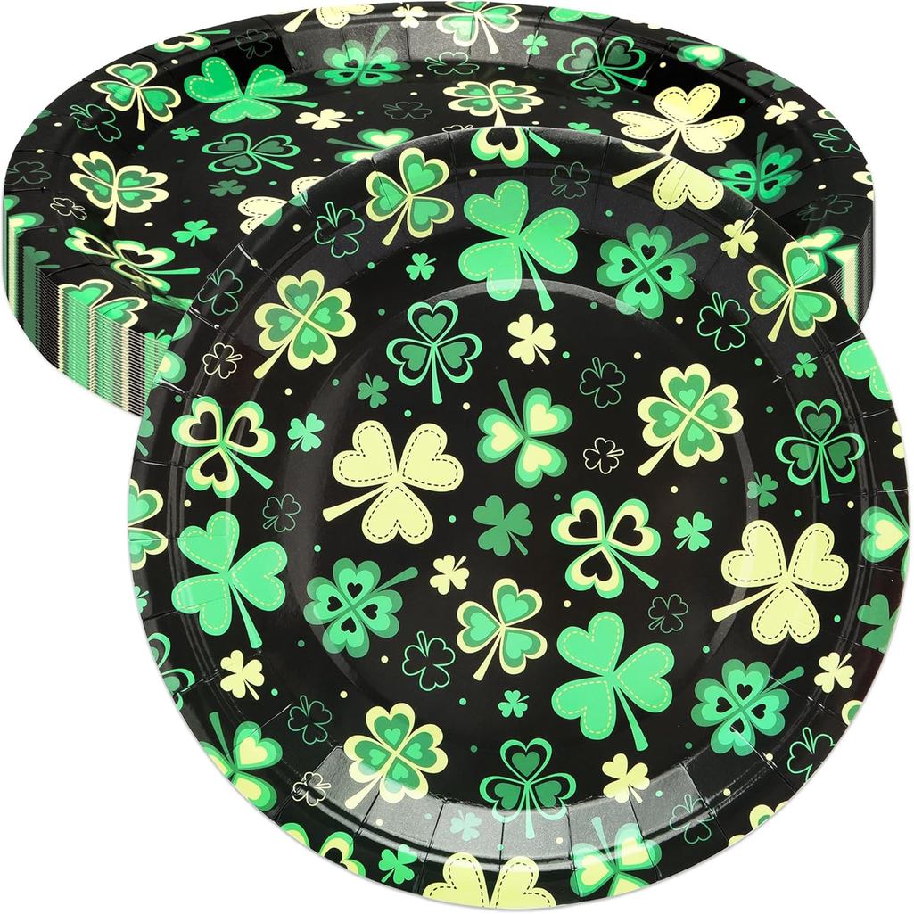 30 ชิ้นแบบใช้แล้วทิ้ง St. Patricks Day Paper Plates, 9 นิ้ว Round Green Shamrock Plates Clover Desse