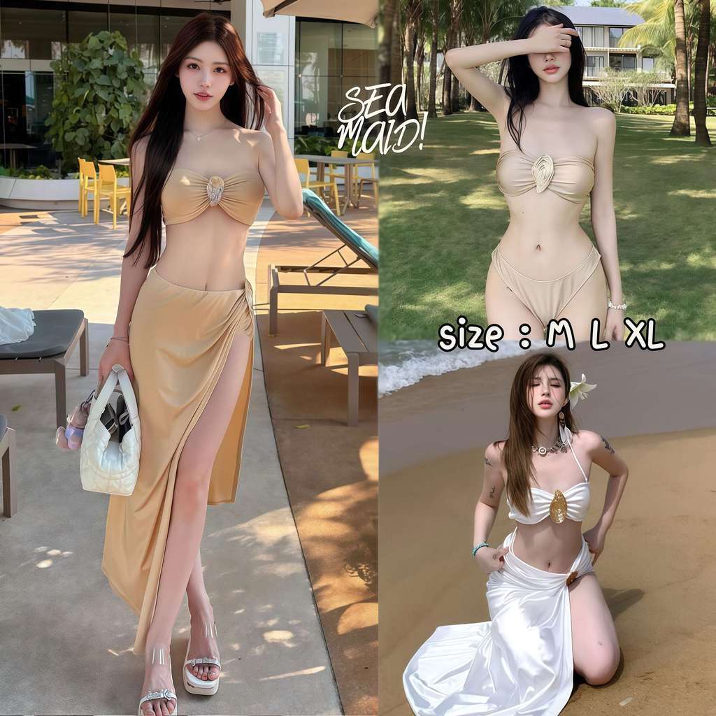 SEA MAID บิกินี่ กระโปรงยาว ชุดว่ายน้ำผู้หญิง 3ชิ้น ชุดใส่ชายหาด 🍉 มีไซส์ S-L | น้ำหนัก 38-58 กก. ส่งด่วน🚀 Y696