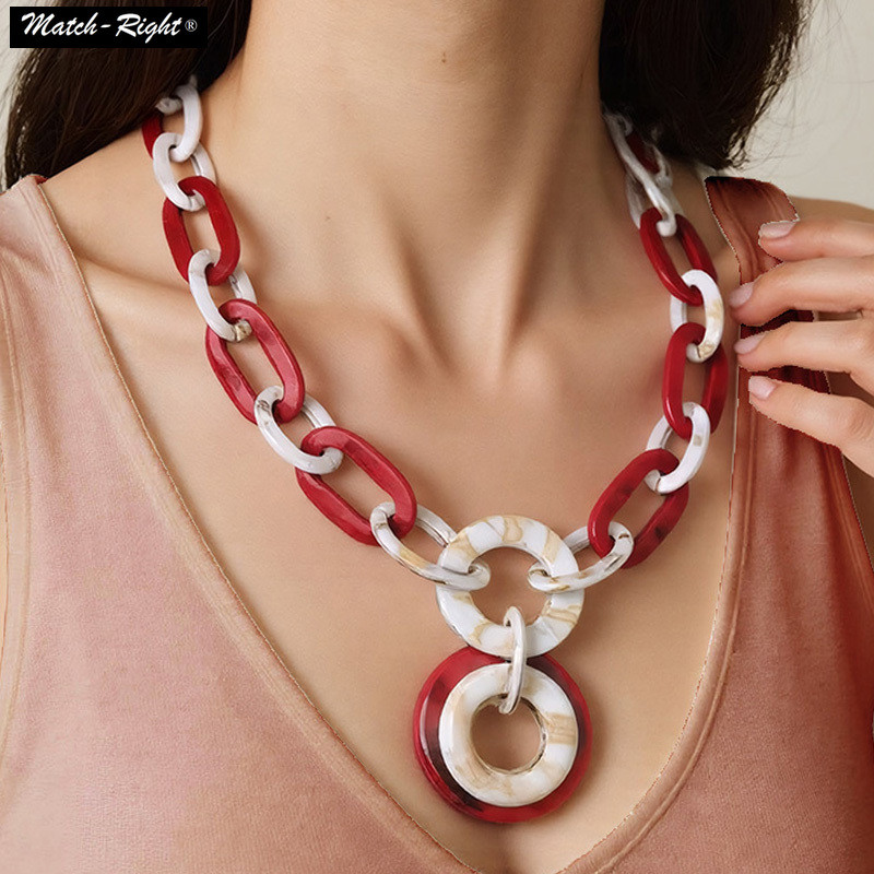 เรขาคณิตรอบจี้สไตล์ Chunky สร้อยคออะคริลิคไม่สม่ําเสมอ Oversize Chain Statement Bib สร้อยคอสําหรับสาวทุกวันของขวัญ