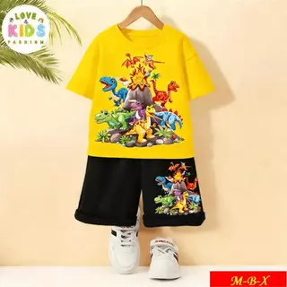 [COD]New!!!*2026-ชุดเด็กชายสนุกๆ ลายไดโนเสาร์หลายสายพันธุ์รอบภูเขาไฟ | เสื้อ+กางเกงขาสั้น ใส่สบาย คุณภาพดี | Dinosaur Vo