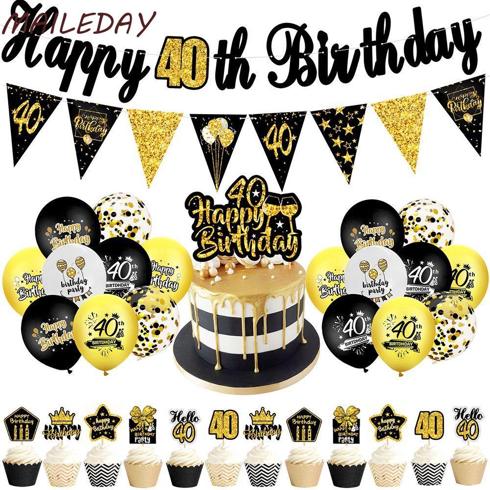 MAILE ชุดลูกโป่งวันเกิด 30th 40th 50th 60th Gold Black Anniversary Decor Happy Birthday Cake Topper