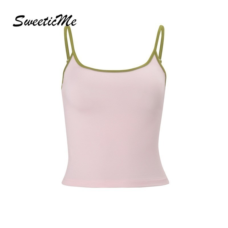 SweeticMe เสื้อสตรี 2026 แฟชั่นใหม่สีตัดกันสายเดี่ยวลําลอง