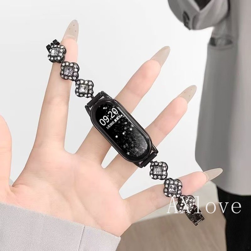 Four Leaf Clover สร้อยข้อมือเพชรสําหรับ Xiaomi Mi Band 11 10 9 8 7 โลหะหรูหราสําหรับ Mi Band 11 9pro