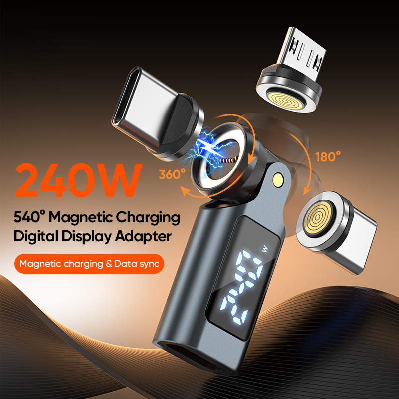 อะแดปเตอร์จอแสดงผลดิจิตอลชาร์จแม่เหล็ก 9pin ใหม่, 240W PD 540° การหมุน, QC3.0/PD3.1, 5A Fast Charge, USB 2.0