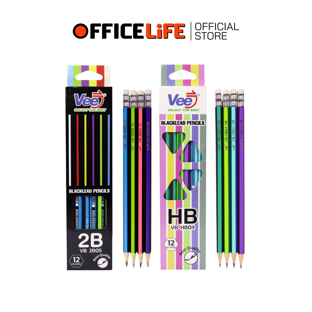 VEE (วี) ดินสอดำ HB / 2B รุ่น HB-04 / 2B-05 ไส้ไม่หักง่าย สำหรับนักเรียน ( 12 แท่ง / กล่อง )