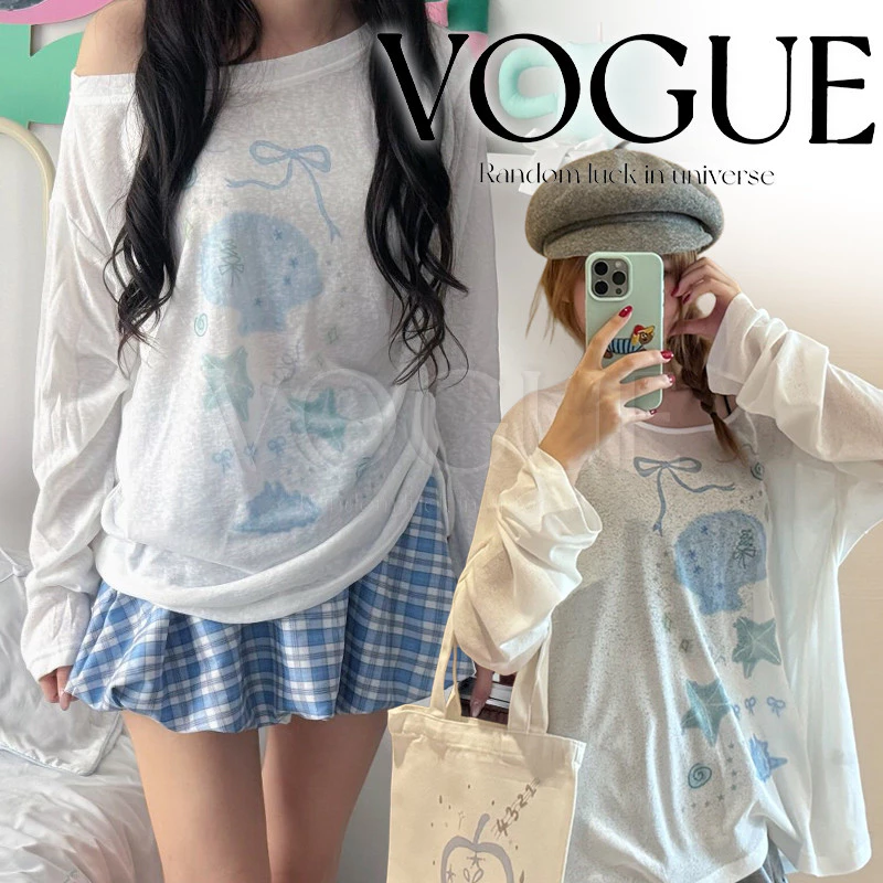 Vogue🌟พร้อมส่ง🌟 เสื้อโอเวอร์ไซส์ แขนยาว ลายท้องทะเล น่ารักๆ สไตล์สาวเกา ใส่ได้หลายแบบ (FY2104#1)