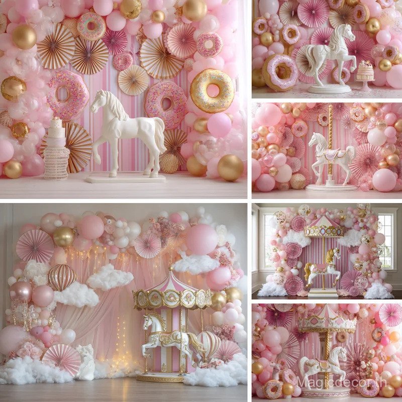 Dreamy Circus Carousel Theme พื้นหลังสีชมพูดาว Clouds Princess ตกแต่งห้องทารกแรกเกิดตกแต่งงานเลี้ยงว