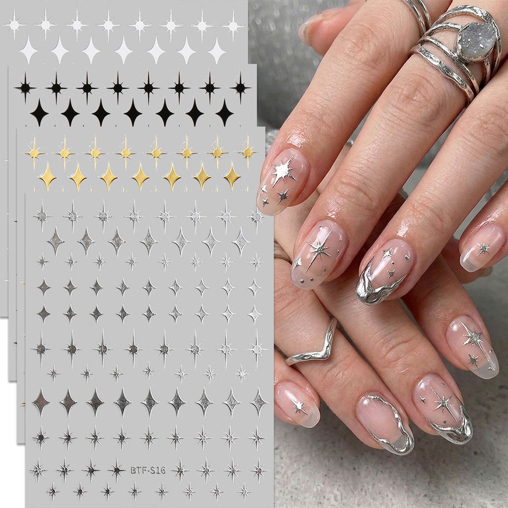 HAMA Gold Silver Star สติ๊กเกอร์ติดเล็บ Celestial Moon Sun Heart Decals Bronzing นูน Starry Sky Y2K DIY ตกแต่งเล็บ
