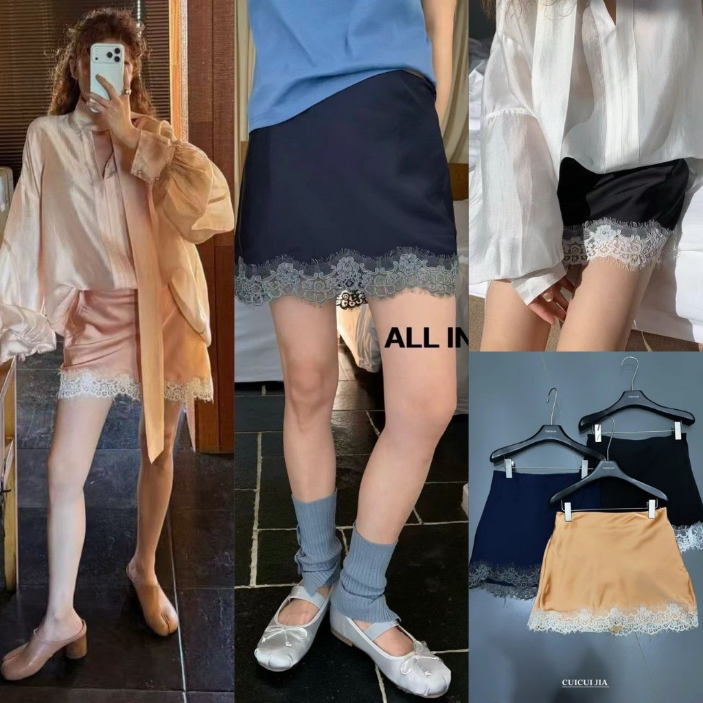 C90131 กระโปรงสั้นผ้าซาติน แต่งสมอคหลัง ชายกระโปรงแต่งผ้าลูกไม้ ผ้าดีใส่สบาย แฟชั่นเกาหลี TAG CUI