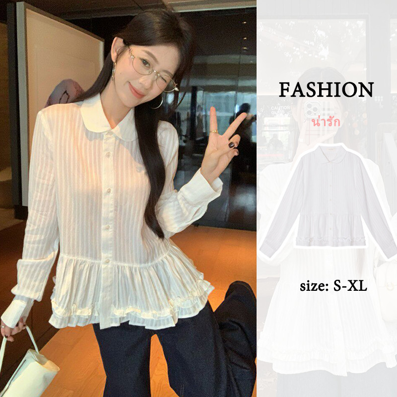 w714 เสื้อเชิ้ตสตรีลายทางสีขาว แขนยาว ปกคอสไตล์ลายหูฉลาม รูปที่ 3
