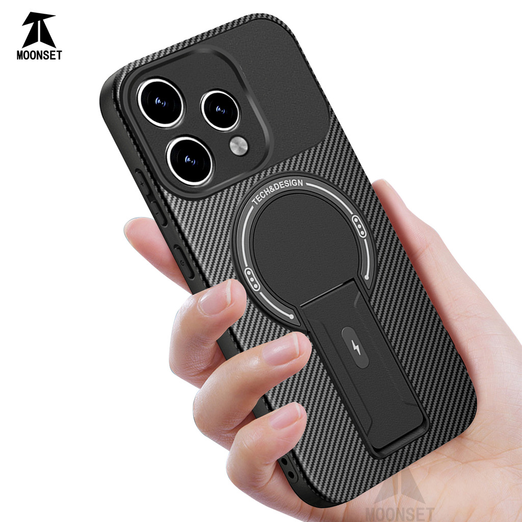 สําหรับ OPPO Reno 15 5G / 15C 5G กรณีคาร์บอนไฟเบอร์เนื้อแม่เหล็ก Hard Back พร้อม Kickstand Soft TPU ขอบกันกระแทก Slim ฝาครอบบาง