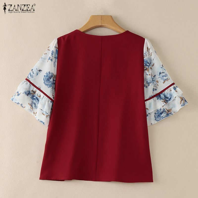 ZANZEA สไตล์เกาหลี ผ้าพิมพ์ลาย꽃 คอวีแขนระบาย สีบล็อกสำหรับสาวๆ — صورة 8