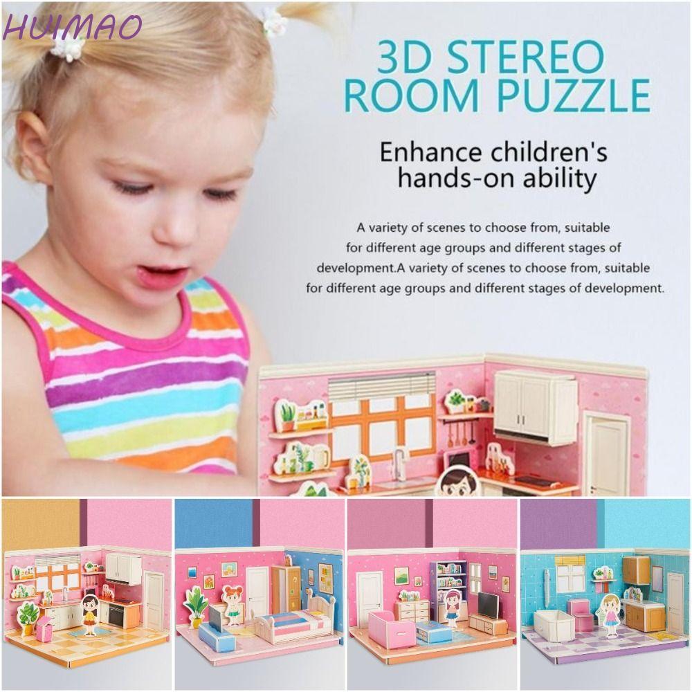 HUIMAO 3D Room ของเล่นปริศนา,ของเล่นโมเดลกระดาษแข็ง 3D Room กระดาษแข็ง,หัตถกรรมของเล่น Miniatures Ro