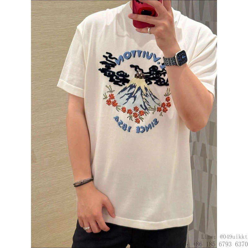 1*.V Original Label 1: 1 Co-Branded Series Volcanic Letter Jacquard ถักรอบคอแขนสั้นเสื้อยืดผู้ชายผู้