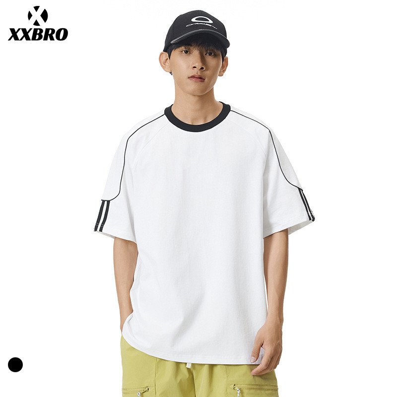 X xxbro เสื้อผ้าผู้ชาย#美式复古撞色弧形线条设计感圆领短袖T恤男士休闲上衣1. 6A2