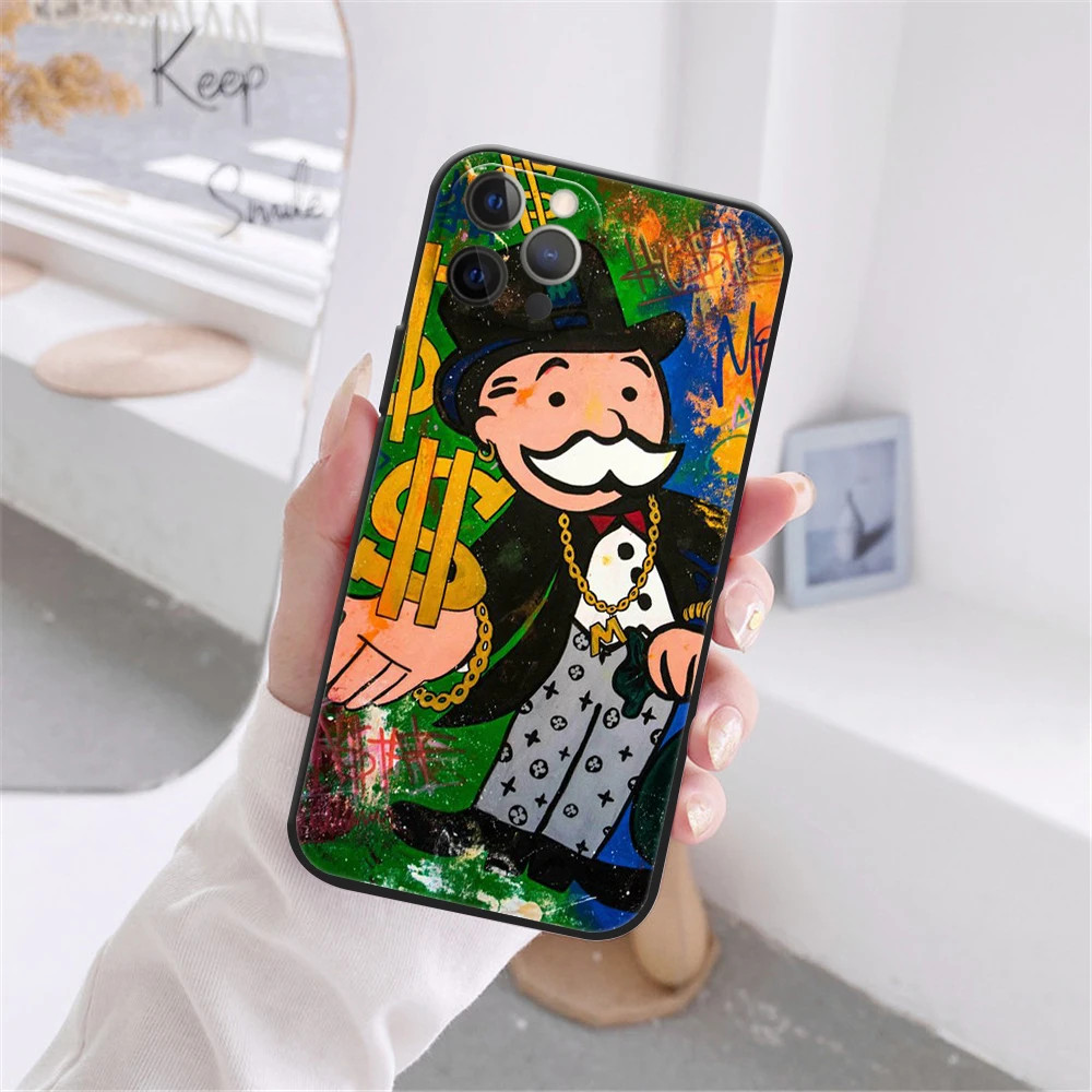 การ์ตูน Dollar Monopoly สําหรับ iPhone 13 12 11 14 15 16 17 pro max 14 15 16 Plus 17AIR สีดําซิลิโคน