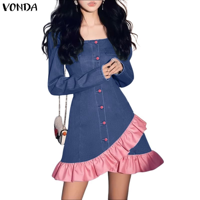 VONDA ชุดเดรสติดกระดุมผ้าเดนิมสีตัดกัน สไตล์เกาหลี