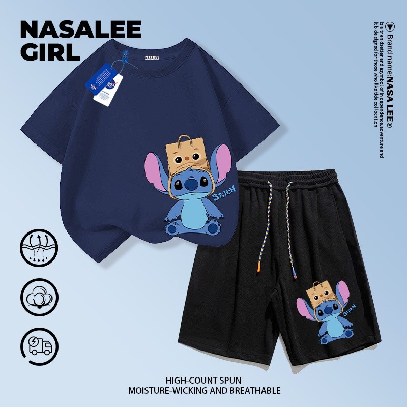 【จัดส่งไทย】2ชิ้น BOB【จัดส่งวันเดียวกัน】ชุดเด็กนาซ่า เสื้อแขนสั้นกางเกงขาสั้น สีฟ้าอ่อน ระบายอากาศดี พิมพ์ลายสติทช์ ไซส์ 