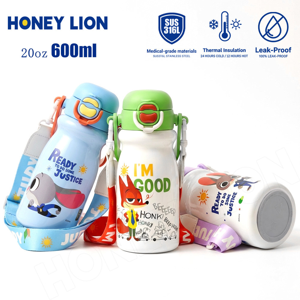 Disney x HoneyLion กระติกน้ำ 316L สแตนเลส 600ml เก็บความเย็น/ร้อน ดีเยี่ยม ไร้สาร BPA พร้อมสายสะพาย
