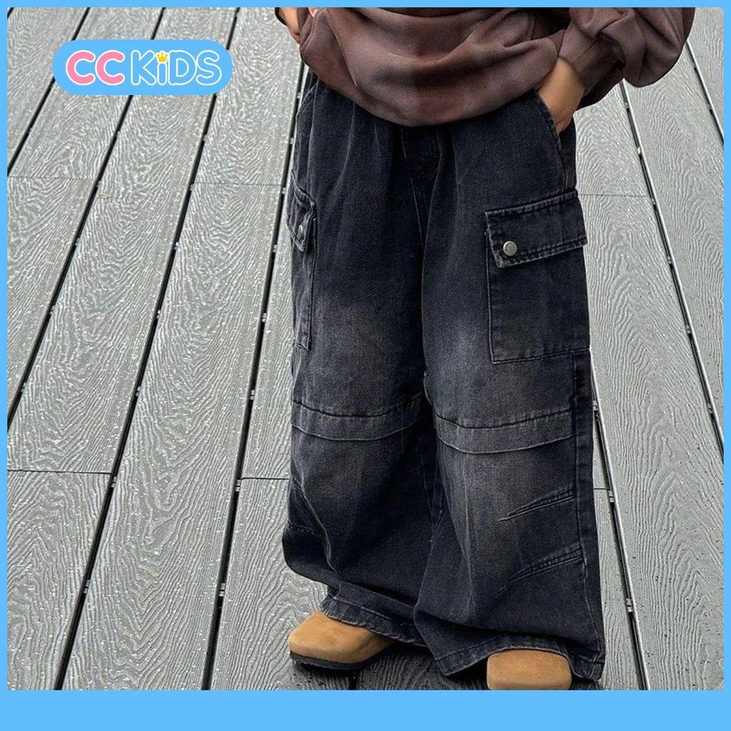กางเกงยีนส์สีดำสำหรับเด็ก ทั้งเด็กชายและเด็กหญิง ทำจากผ้าเนื้อนุ่ม ทันสมัย ​​สไตล์เกาหลี ทรงหลวม กางเกงขายาว