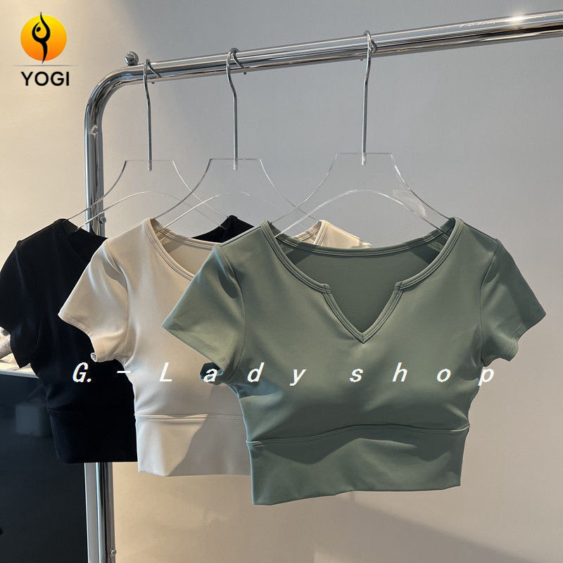 เสื้อยืดคอวีแขนสั้นสำหรับพิลาทิสและการฝึกโยคะพร้อมแผ่นหน้าอกที่ถอดออกได้