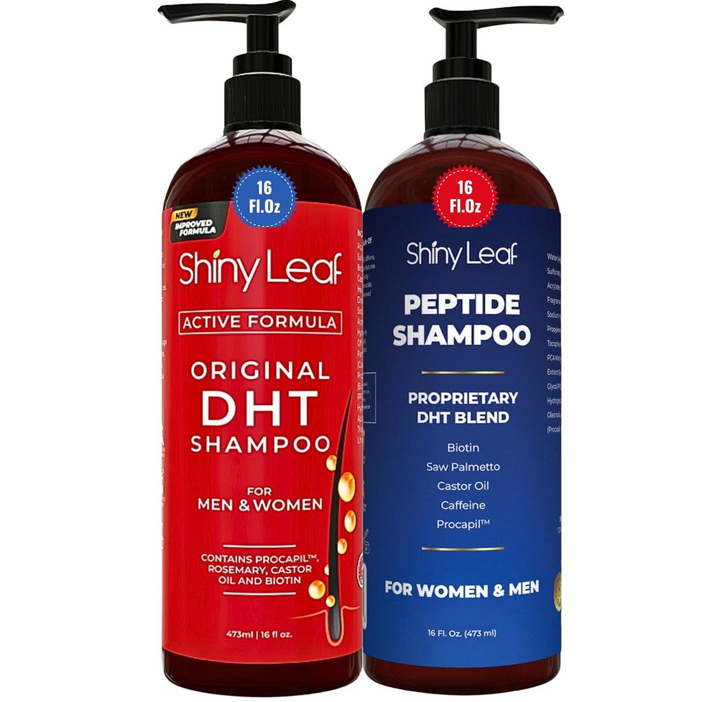 Shiny Leaf Bundle (2 แพ็ค) - DHT Blocker & Peptide Shampoo Set - Anti Thinning Biotin Treatment with