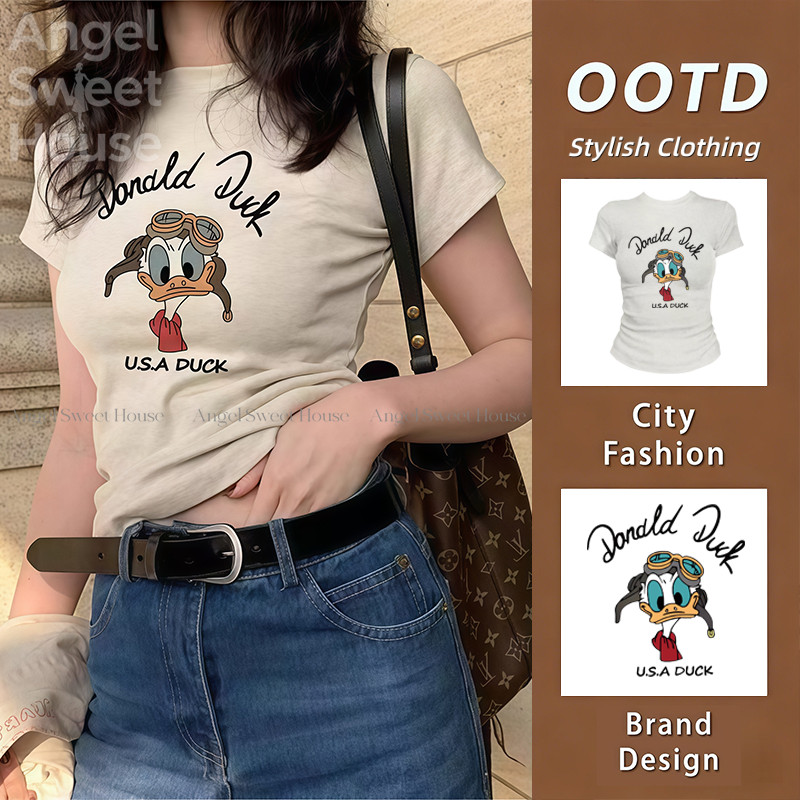 เสื้อที-เชื่อผ้าฝ้ายแบบอเมริกันสำหรับผู้หญิง สไตล์แขนสั้น สีซันมีการพิมพ์ลายลักษณะ สำหรับฤดูร้อน baby tee