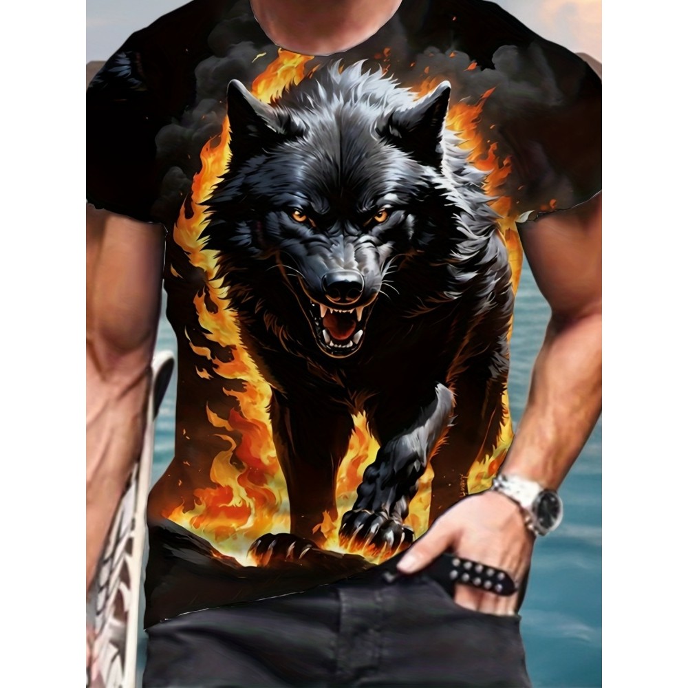 Men 3D Pattern Fire Wolf Graphic Print T-Shirt Summer Oversized Causal T-Shiet Men's Fashion Fitness