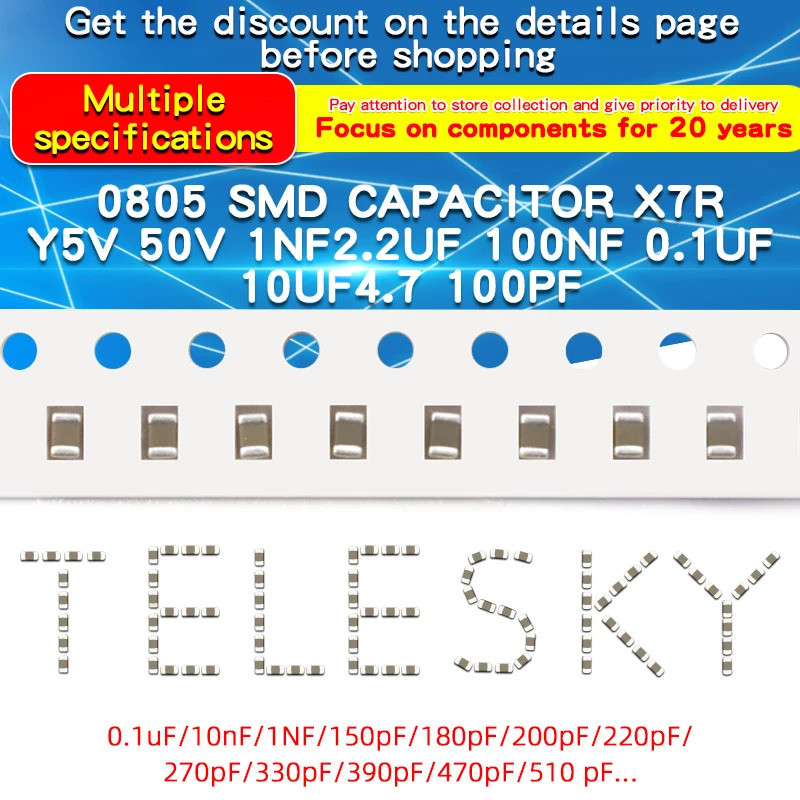 100pcs 0805 SMD ชิปตัวเก็บประจุ X7R COG 10V 16V 25V 50V 1pF 4.7pF 10pF 20pF 22pF 100pF 104pF 470pF 1
