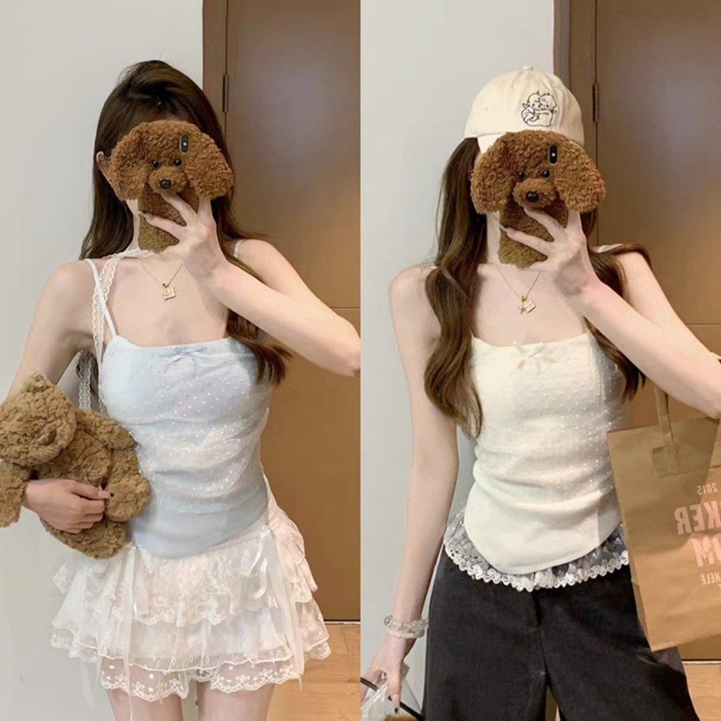 ⭐Soroh⭐เสื้อแขนกุด แต่งโบว์ เสริมฟองน้ำ ดีเทลลายจุดสีพาสเทลน่ารักๆ เข้ารูป เสื้อกล้าม ผู้หญิง พร้อมส่ง