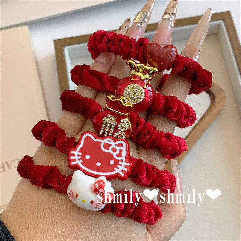 Red Sausage Bow Hair Tie น่ารักสำหรับทุกลุค อุปกรณ์เสริมผม