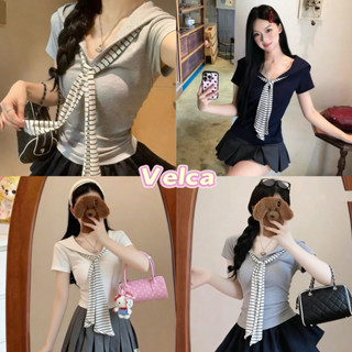 ส่งจากไทยทุกวัน เสื้อยืดผู้หญิง เสื้อคอปก ผูกโบว์ลายทาง ทรงเ…