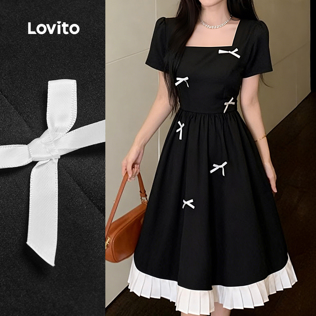 Lovito เดรสสีดําและขาวลายโบว์จีบสําหรับผู้หญิงฤดูใบไม้ผลิ/ฤดูร้อน L173AD231